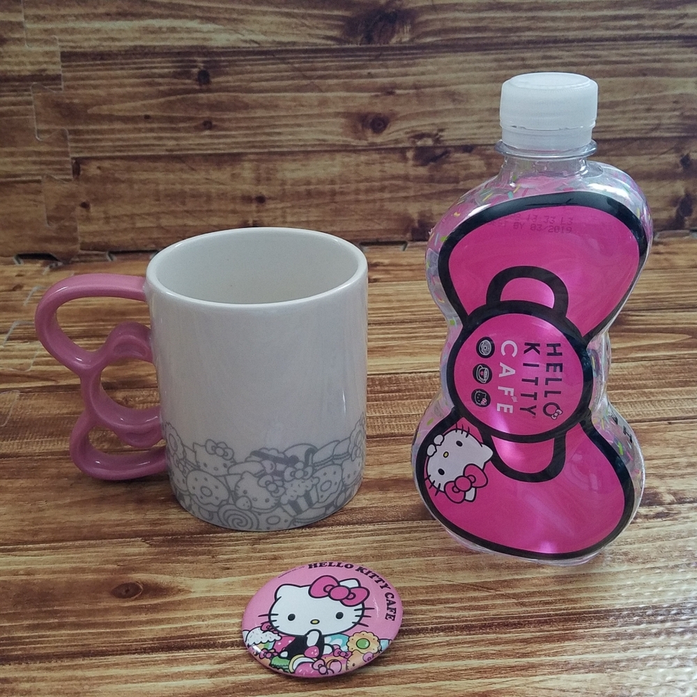 Hello Kitty Cafe Mug Pink Bow Water Bottle Pin Collectible Bundle Sanrio RARE